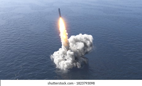 Ballistic Missile Launch From Underwater, Aerial View 3d Illustration