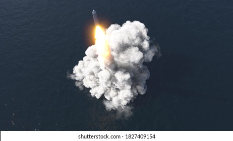 Ballistic missile launch from underwater, aerial view 3d illustration