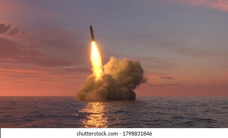 Ballistic Missile Launch From Underwater At Sunset 3d Illustration