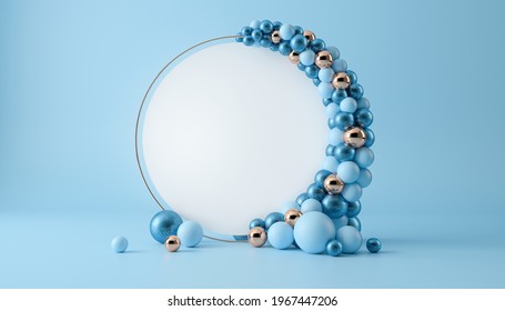 Balloon garland decoration elements. Frame arch for wedding, birthday, baby shower party celebration. Pastel blue and gold banner background with white round empty space. 3d render illustration.