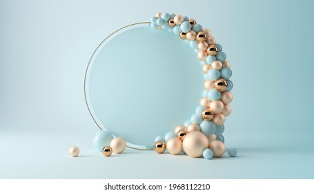 Balloon Garland Decoration Elements. Frame Arch For Wedding, Birthday, Baby Shower Party Celebration. Pastel Turquoise And Gold Banner Background With White Round Empty Space. 3d Render Illustration.