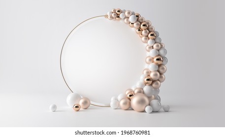 Balloon garland decoration elements. Frame arch for wedding, birthday, baby shower party celebration. Pastel  white and gold banner background with round empty space. 3d render illustration.