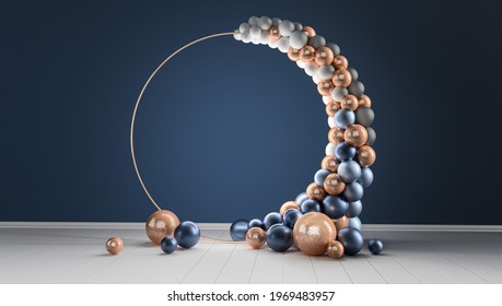 Balloon Garland Decoration Elements. Frame Arch For Wedding, Birthday, Anniversary Party Celebration. Dark Blue And Gold Banner Background With Round Empty Space. 3d Render Illustration.