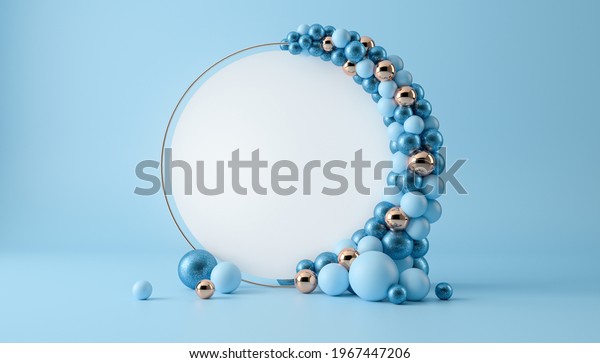 Balloon garland decoration elements. Frame\
arch for wedding, birthday, baby shower party celebration. Pastel\
blue and gold banner background with white round empty space. 3d\
render\
illustration.