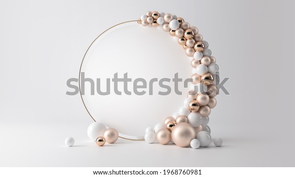 Balloon\
garland decoration elements. Frame arch for wedding, birthday, baby\
shower party celebration. Pastel  white and gold banner background\
with round empty space. 3d render\
illustration.
