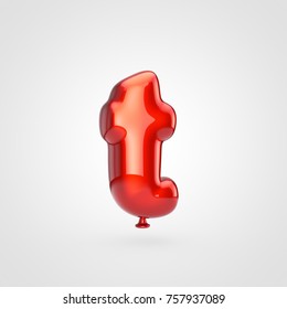 Balloon letter T lowercase. 3D render of glossy red inflated font with glint isolated on white background.
