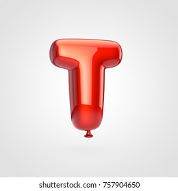 Balloon letter T uppercase. 3D render of glossy red inflated font with glint isolated on white background.