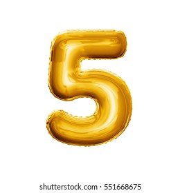 Balloon Number 5 Five. Realistic 3D Isolated Gold Helium Balloon Abc Alphabet Golden Font Text. Decoration Element For Birthday Or Wedding Greeting Design On White Background