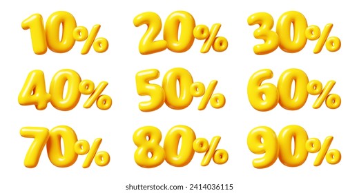 Balloon number with percent sign for sale concept. 3d render illustration set of yellow plastic glossy discount typography. Cartoon bubble element percentage off for special offer. 3D Illustration - Powered by Shutterstock