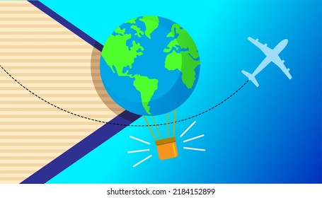 Balloon Trip, Promotional Banner Blue Background, Shapes, Earth And Plane Trajectory