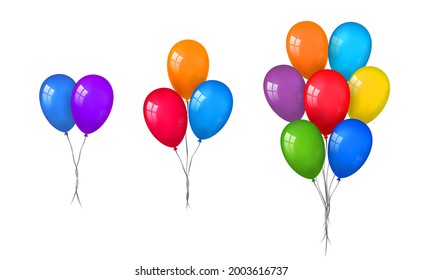 Balloons 3D bunch set, thread, isolated white background. Color glossy flying baloon, ribbon, birthday celebrate, surprise. Helium ballon gift. Realistic shape, symbol love, fun. illustration