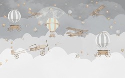 Balloons And Airplanes With Wings Kids Room Wallpaper