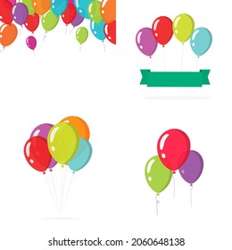 Balloons Birthday Party Colorful Set Or Baloons Bunch Group Flying In The Air Isolated On White Flat Cartoon Image, Decoration Frame Border And Card Banner Design Element, Festive Fun