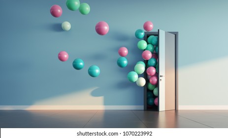 Balloons fly away through open door in office interior. 3D render
