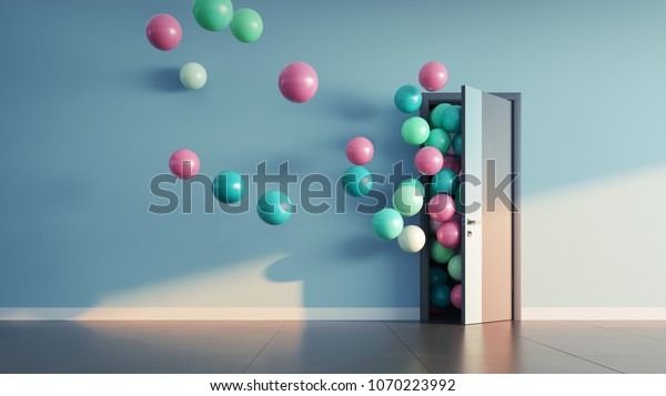 Balloons fly away through open door in office\
interior. 3D\
render