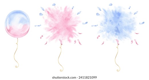 Balloons for Gender Party. Watercolor illustration of burst baloon set. Hand drawn clip art on isolated white background. Drawing of blue or pink ballon. Card template for recognizing a boy or a girl - Powered by Shutterstock