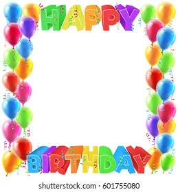 A Balloons And Happy Birthday Bright Color Word Text Sign Invite Border Frame Design