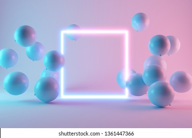 Balloons with neon lights on pastel colors background. 3d rendering