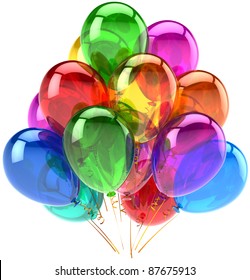 Balloons Party Birthday Decoration Colorful Rainbow Multicolor Translucent Holiday Anniversary Retirement Graduation Celebrate Life Events Greeting Card Design Element. 3d Render Isolated On White