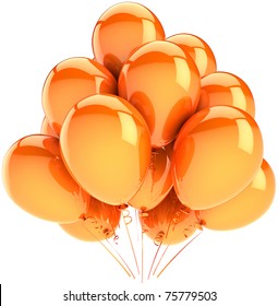 Balloons Party Birthday Decoration Orange Yellow. Sunny Holiday Celebration Anniversary Graduation Retirement Concept. Happy Joy Positive Emotion Abstract. 3d Render Isolated On White Background