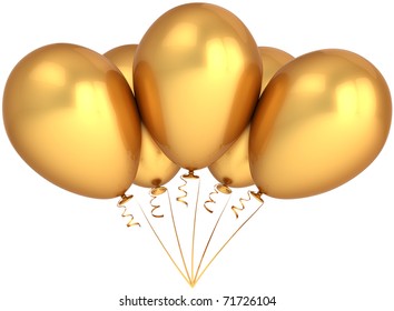 Balloons party gold 5 golden shiny Happy Birthday decoration yellow blank. Jubilee anniversary graduation retirement greeting card design element concept. 3d render isolated on white background - Powered by Shutterstock