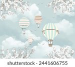  Balloons in the sky. Balloons and airplanes. Animals on balloons, Bunny animals, blue background, kids room wallpaper mural, nursery illustration, bloom, flowers, retro airship