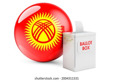 Ballot Box With Kyrgyz Flag. Election In Kyrgyzstan. 3D Rendering Isolated On White Background