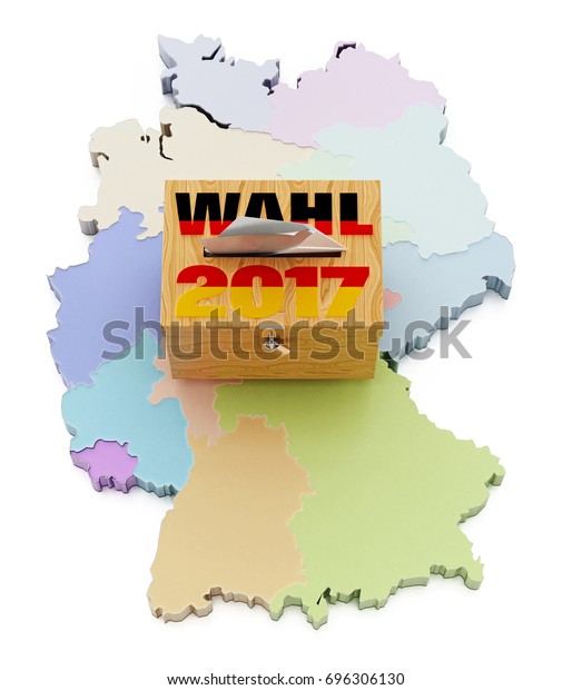Ballot box on Germany map divided into\
regions. 3D\
illustration.