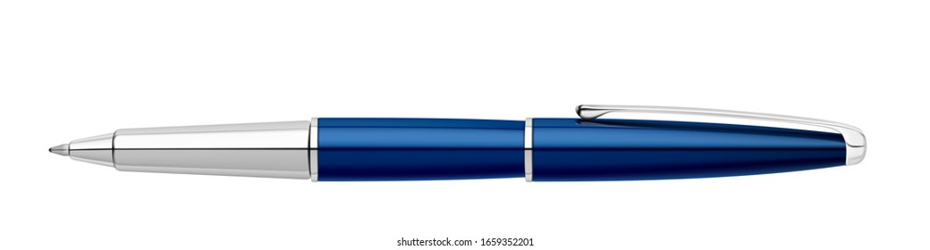 Ballpoint pen. Classic blue pen. Metal ballpoint pen. Realistic style. 3D style.  
