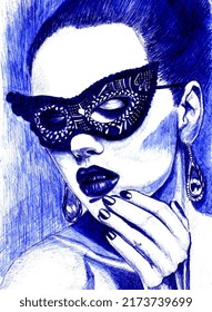 Ballpoint Pen Drawing: Portrait Of A Woman With A Mask