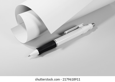 Ballpoint Pen With Rolled Paper Mockup. 3D Rendering