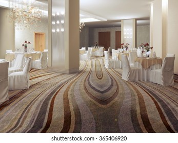 Ballroom In Modern Style. Large Room With Columns, Lot Of Lamps. Colored Carpet Floor. 3D Render