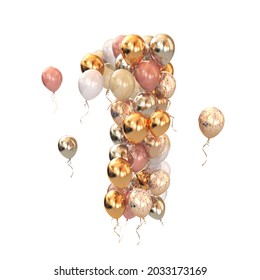 Baloon Bunch In Form Of Number 1 One Isolated On White. Text Letter For Age, Holiday, Birthday, Celebration. 3d Illustration