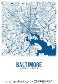 Baltimore Blue Color City Map Poster