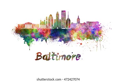 Baltimore skyline in watercolor splatters with clipping path