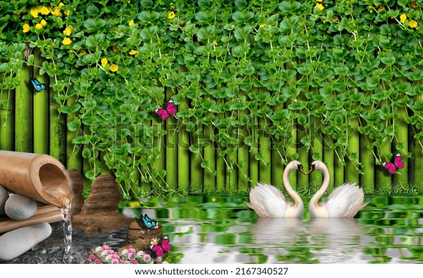 Bamboo background and duck water with hanging grass design