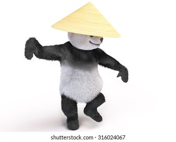 Bamboo Bear In A Military Pose Preparing To Leap And Drawing Of Blows. Panda Demonstrates Styles Of Karate Shaolin Monks Kung Fu School. Animal Ready To Attack. Combatant Dressed In Palm Leaves Hat