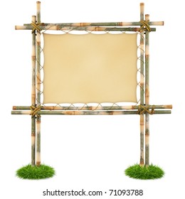 Bamboo Billboard With A Stretched Cloth. Isolated On White. With Clipping Path.