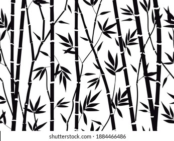 Bamboo Forest Texture. Bamboo Forest Silhouette, Bamboo Plants With Leaves Backdrop, Asian Bamboo Stalks Pattern  Background Illustration. Tree Branches With Foliage For Fabric