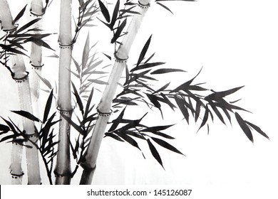 Bamboo Leaf , Traditional Chinese Calligraphy Art Isolated On White Background.