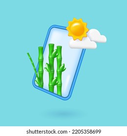 Bamboo Stalks And Bright Sun On Mobile Phone Screen. Realistic 3d Objects In Cartoon Style