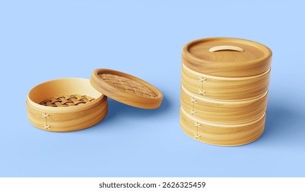 Bamboo steamer with open lid and stack of wooden baskets. Empty round steamed rack for cooking asian food. Traditional chinese, japanese, korean, vietnamese kitchen utensil render set. 3D Illustration