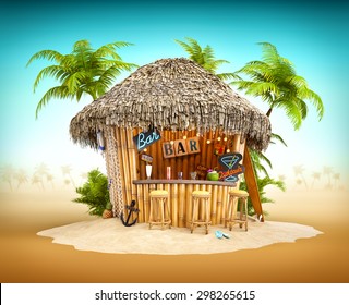 Bamboo tropical bar on a pile of sand. Unusual travel illustration