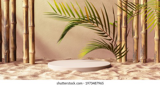 Bamboo, Tropical Leaves And Beach Sand Stylized Scene Decoration For Product Presentation, 3d Rendering Summer Abstract Background