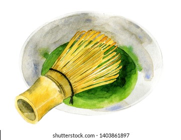 Bamboo whisk and matcha tea in cup. Healthy drink for asian tea ceremony. Hand drawn watercolor illustration on white. Matcha tea ingredients for menu, receipt, label, packaging. Top view.