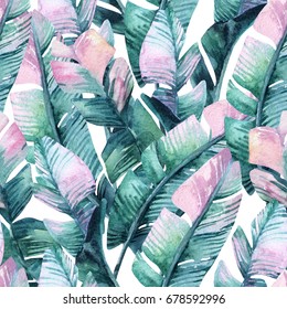 Banana Leaf Seamless Pattern. Unusual Tropical Leaves Background. Hand Painted Watercolor Illustration