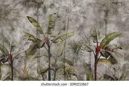 banana tree wallpaper design, vintage background, tropical leaf wallpaper