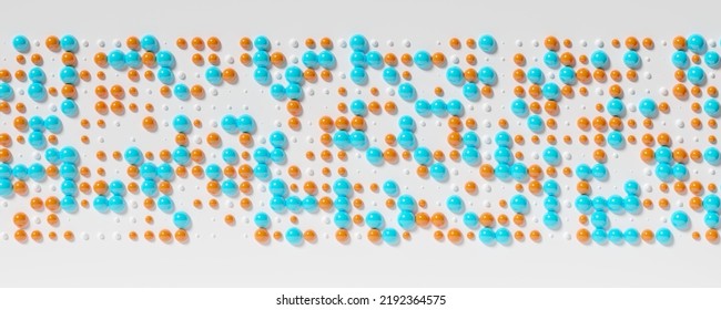 Band Of Lines Of Cyan, White And Orange Spheres With Different Sizes On White Background, Abstract Modern Data Visualisation, Science, Research Or Business Datum Concept, 3D Illustration