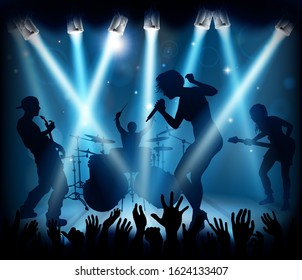 A band playing music at a live concert on a stage with spotlights in silhouette in front of a crowd. - Powered by Shutterstock