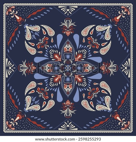 Bandana print. Bandana pattern. Nature object, decorative geometric line ornament. Woven fabrics, square pattern design style.